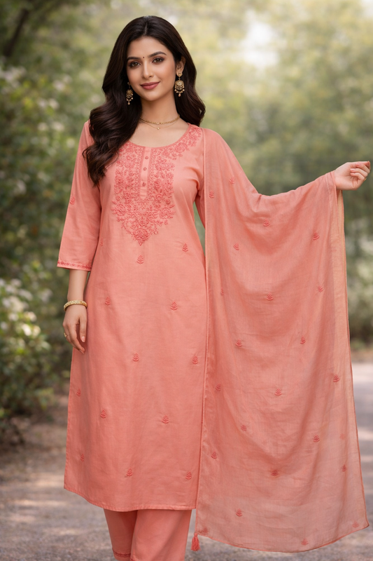 Peach Embroidered Cotton Kurta Pant Dupatta