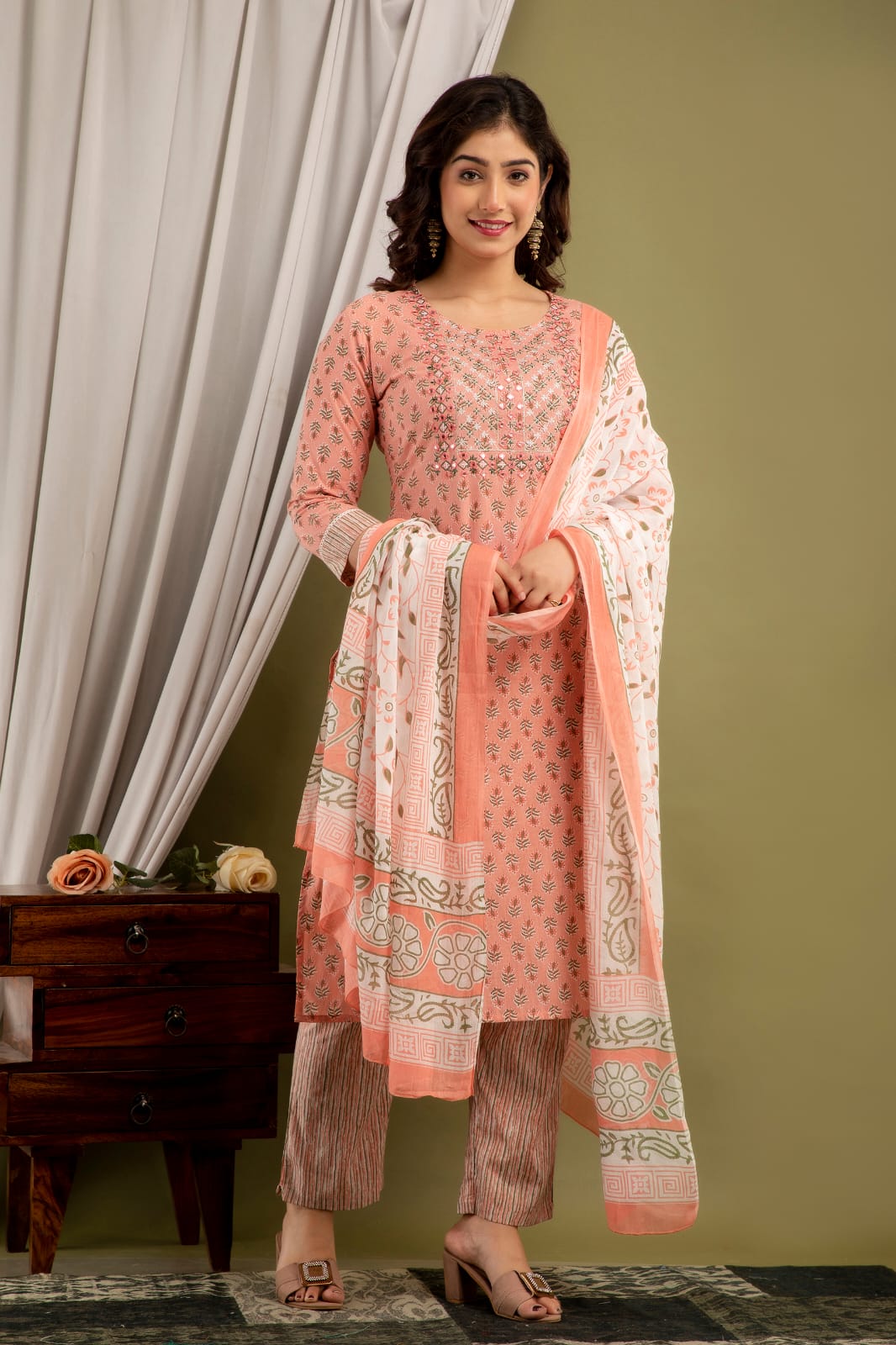 stylish peach cotton kurta set ethnic wear