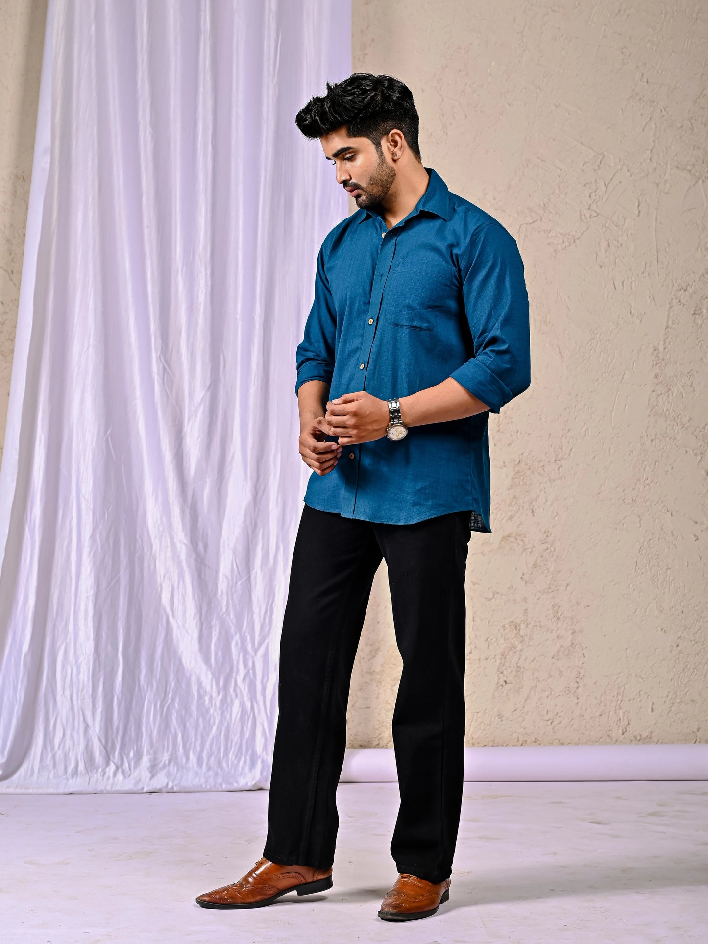 Peacock blue linen blend shirt men
