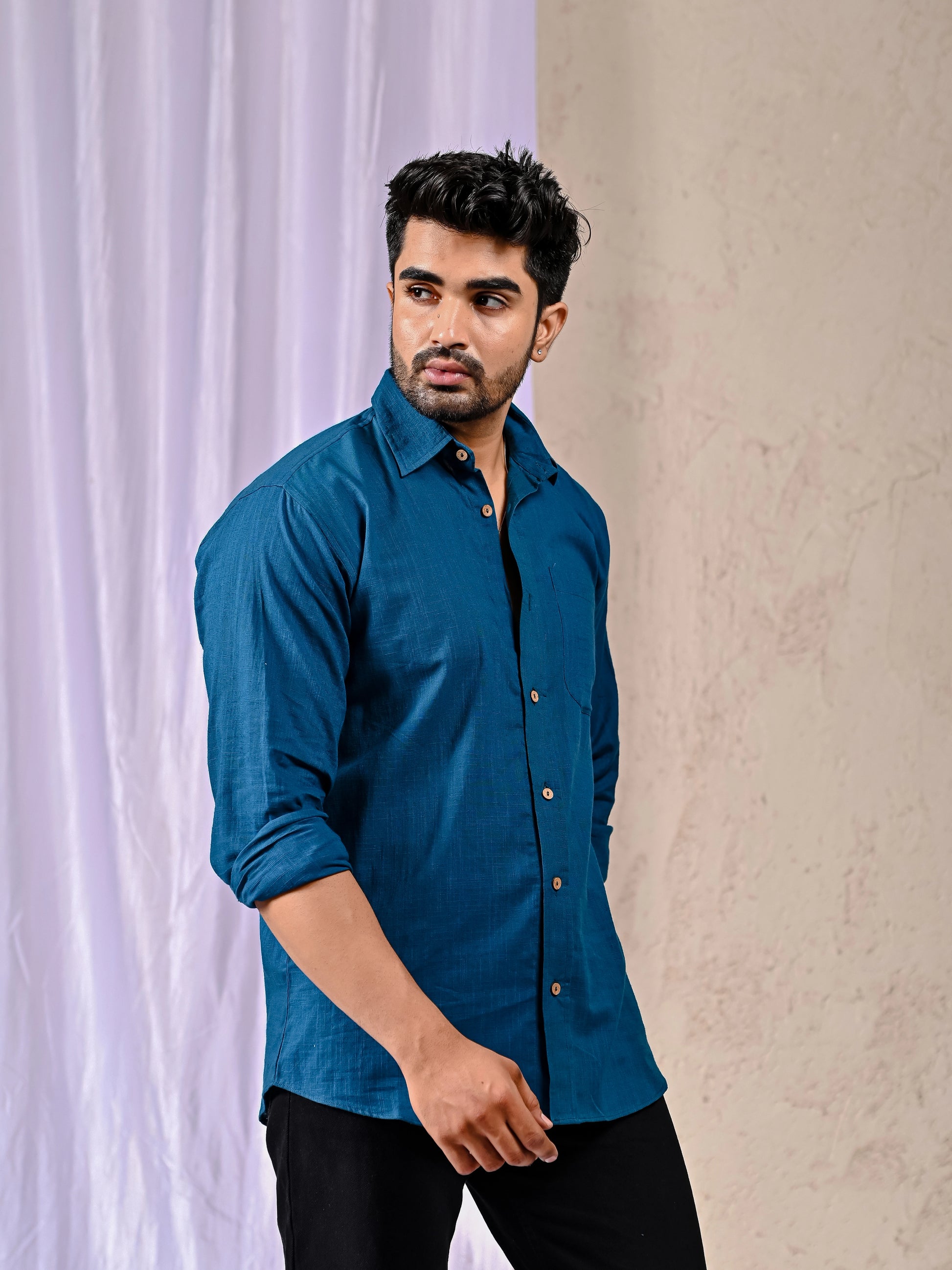 Peacock blue smart casual shirt men