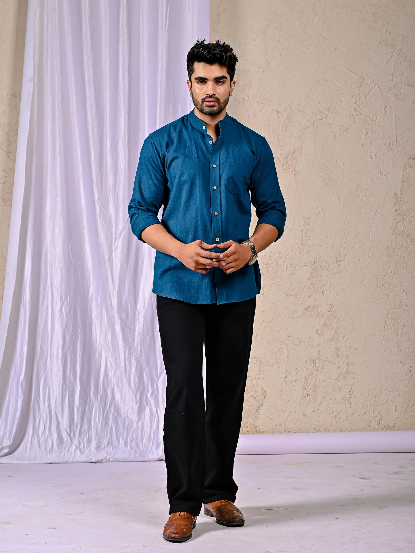 Men’s peacock blue cotton linen casual shirt