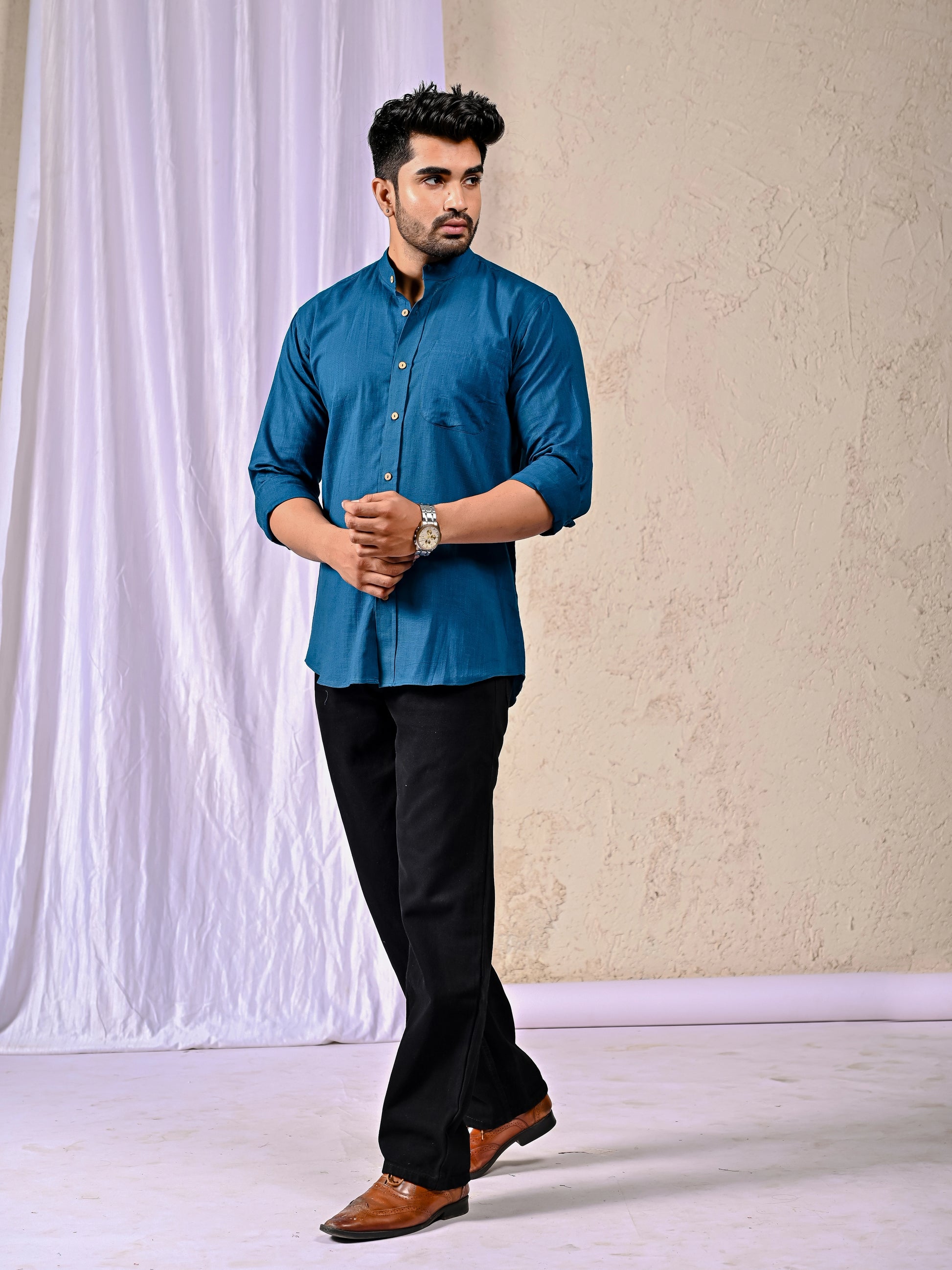 Men’s casual peacock blue cotton shirt