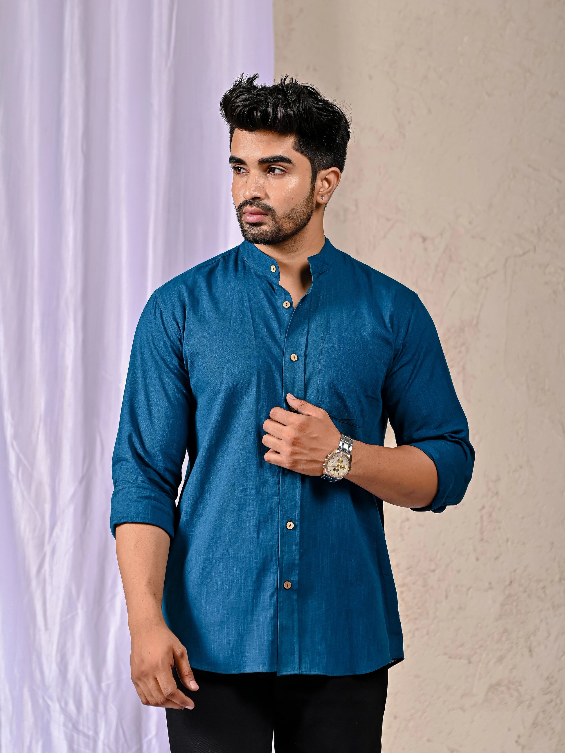 Shreenaya peacock blue linen shirt men