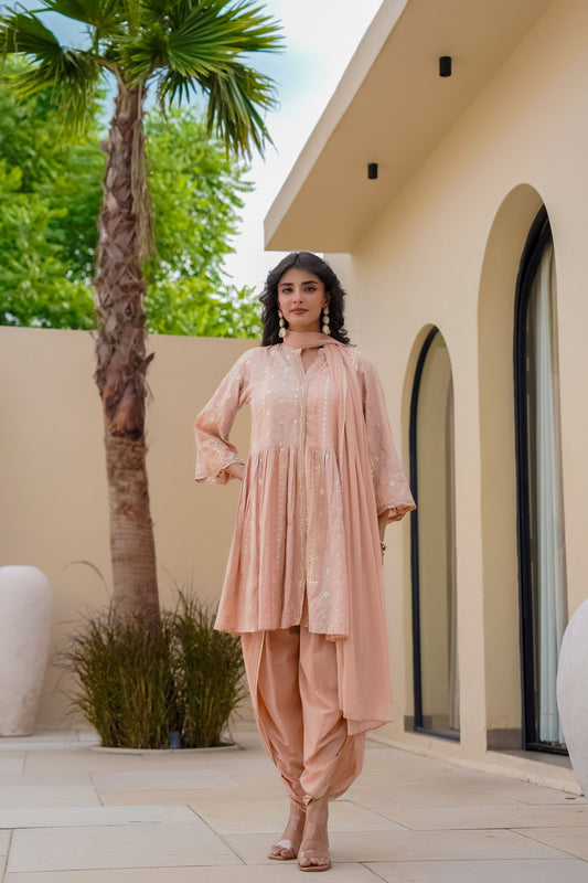 peach peplum top with dhoti for women