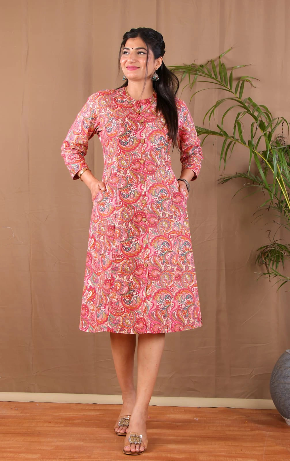 pink a-line kurta with 2 pockets for women