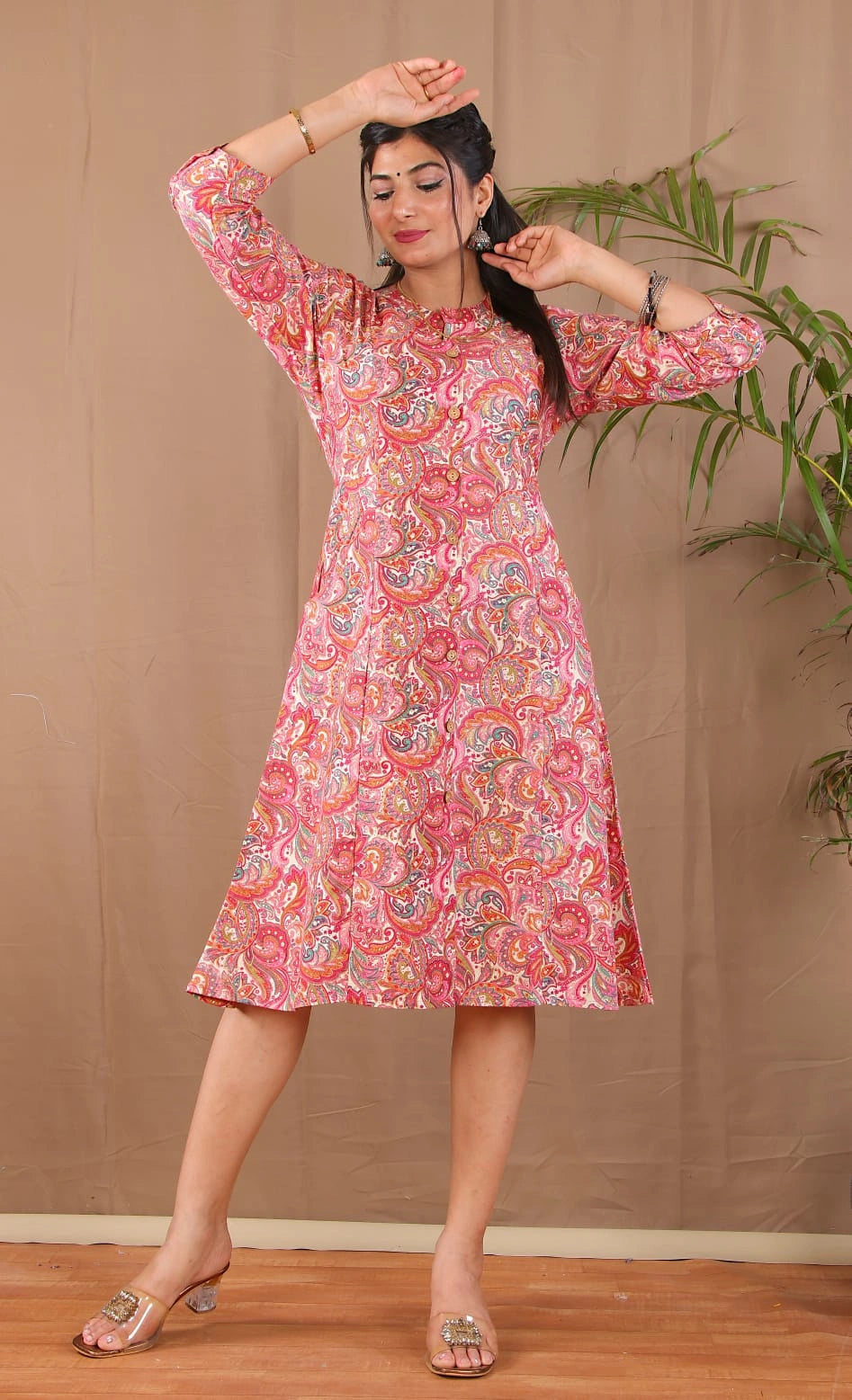 pink a-line kurta front view with pockets