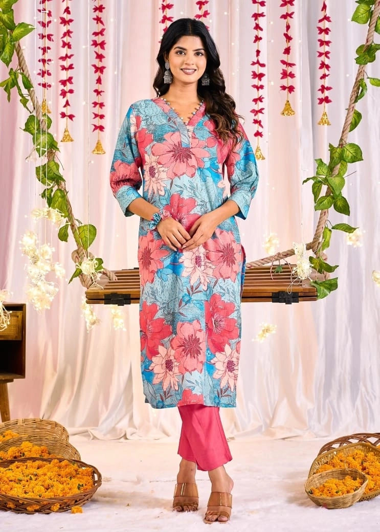 pink and blue floral print straight kurta for women
