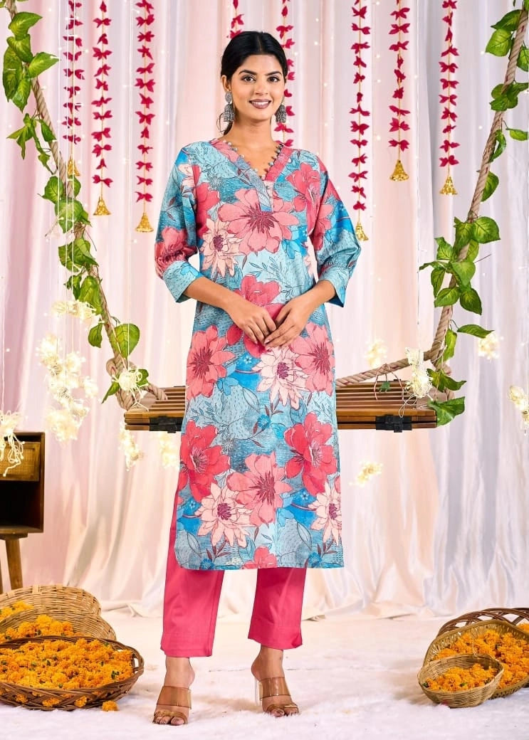 pink blue floral pattern kurta close up
