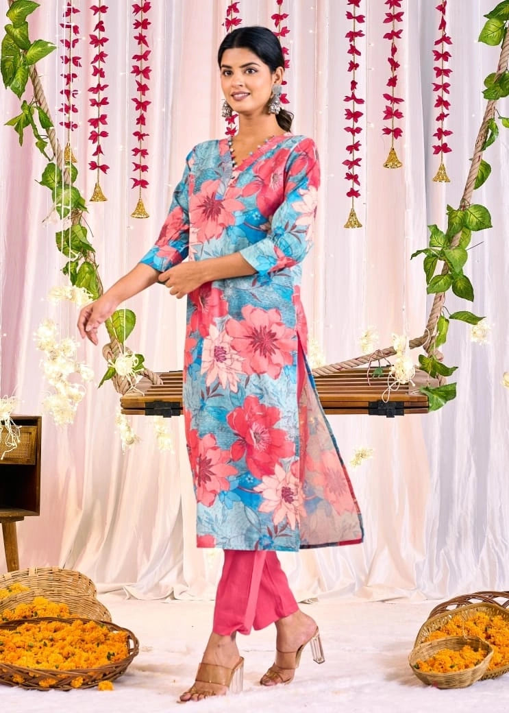 women styling pink blue floral straight kurta
