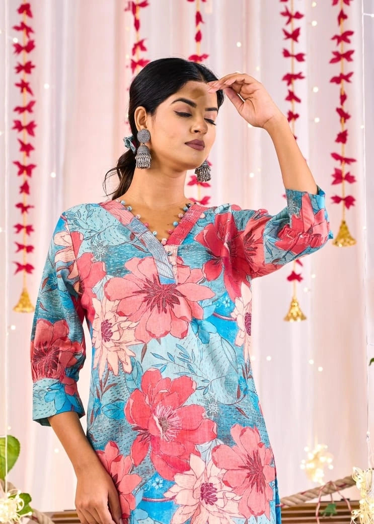 women wearing pink blue floral straight kurta
