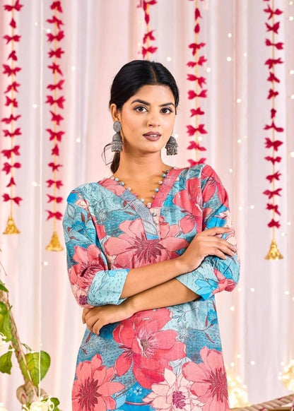 pink blue floral straight kurta fabric detail