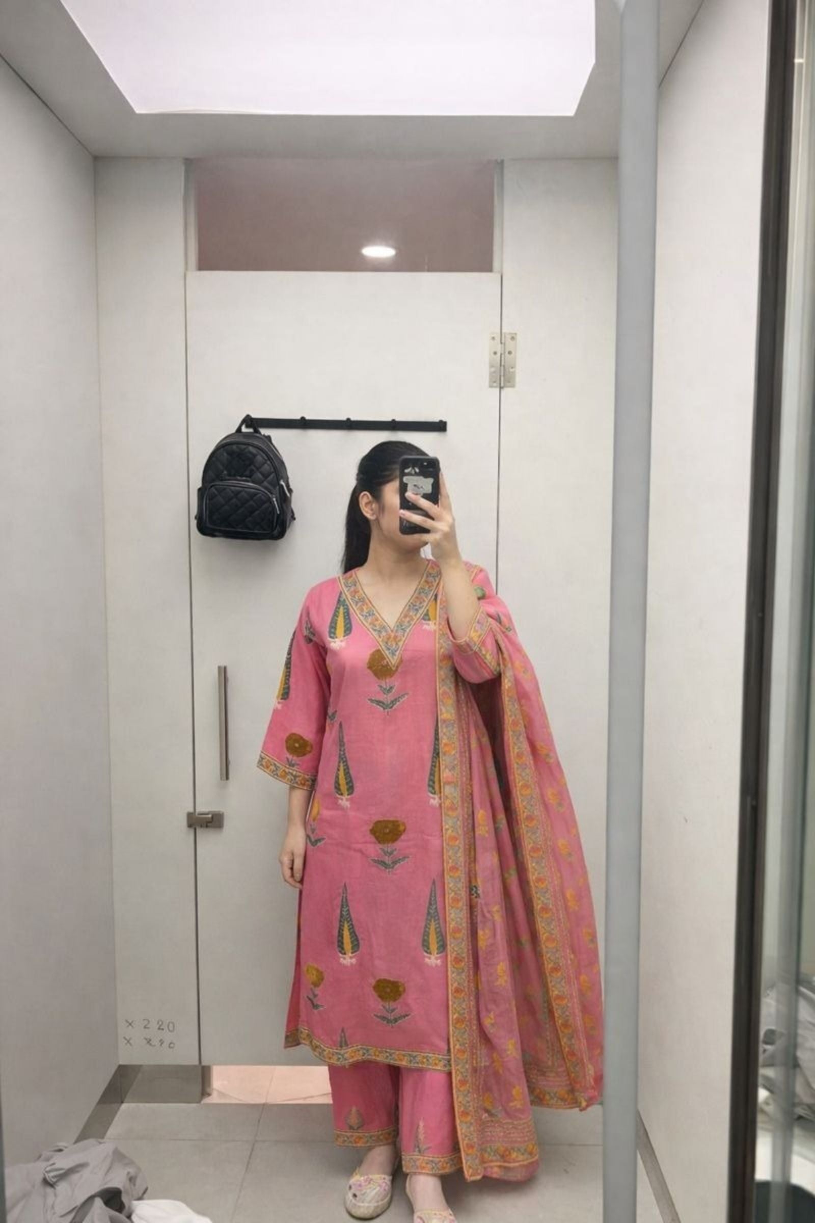 Designer pink printed kurta pant set with Kota dupatta