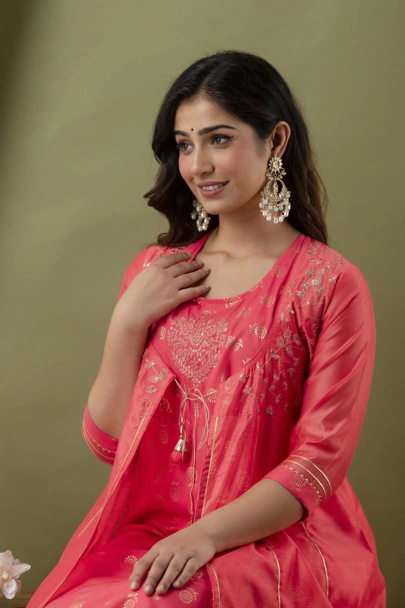 pink embroidered kurta plazzo set with jacket