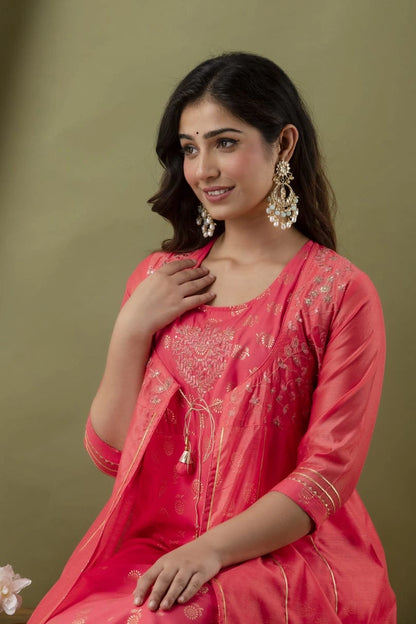 pink embroidered kurta plazzo set with jacket