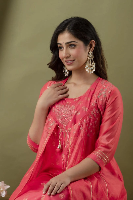 pink embroidered kurta plazzo set with jacket