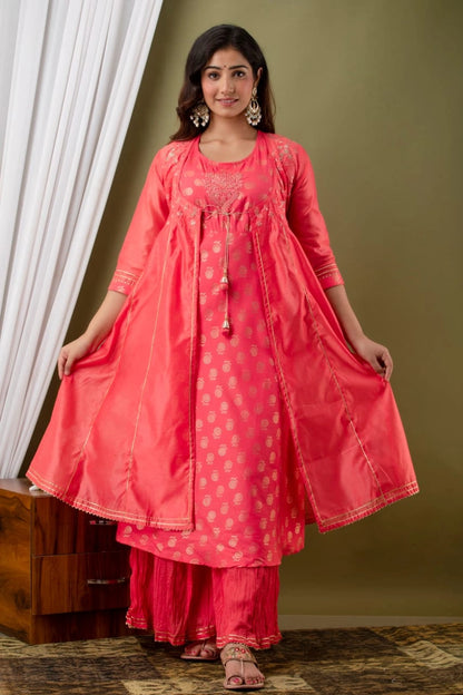 pink kurta plazzo set with jacket ethnic styling