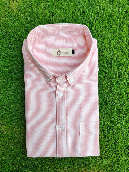 full sleeves pink striped casual shirt for men