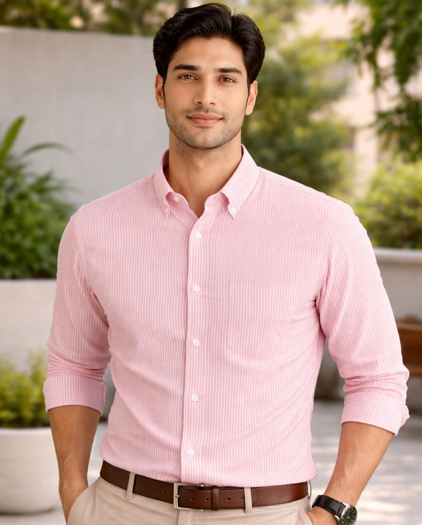Pink Striped Oxford Regular Fit Casual Shirt (Full Sleeves)