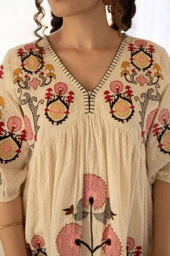 Lightweight Cotton Embroidered Dress Pink White