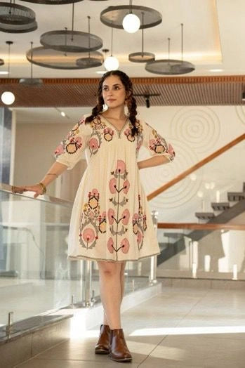 Pink and White Cotton Embroidered Dress Women