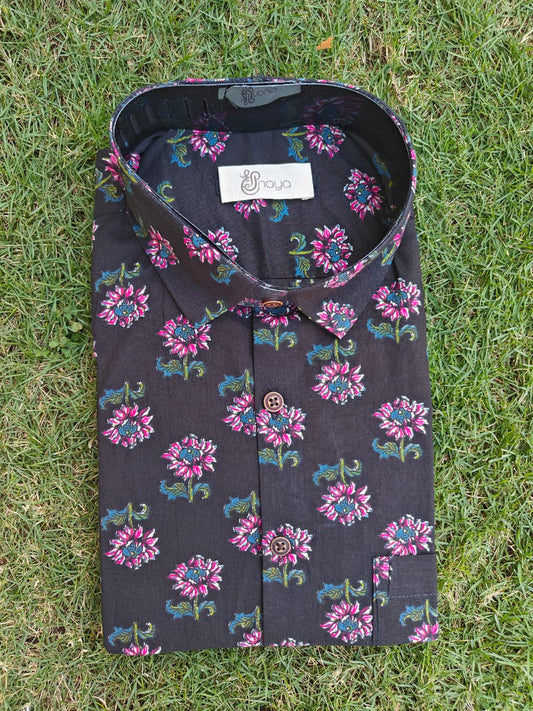 Printed Black Regular Fit Casual Shirt (Full Sleeves)