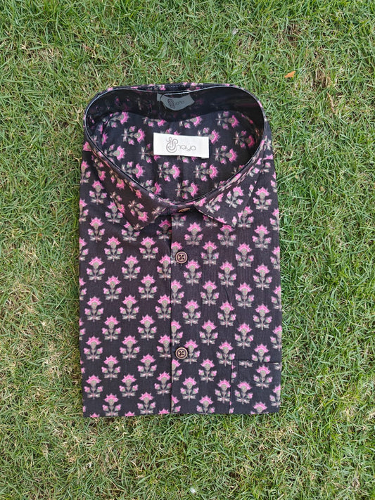 Printed Black Regular Fit Casual Shirt (Half Sleeves)