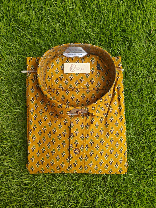 Mustard Floral Printed Regular Fit Casual Shirt (Full Sleeves)