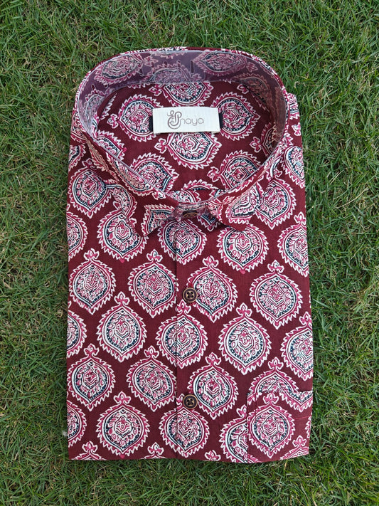Printed Maroon Regular Fit Casual Shirt (Full Sleeves)