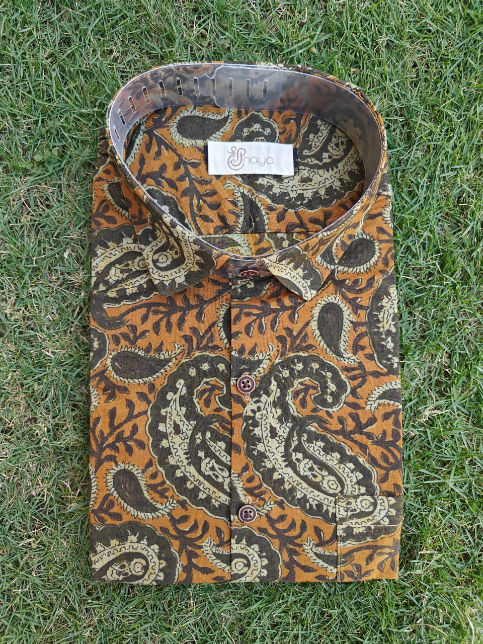 Printed Mustard-Green Regular Fit Casual Shirt (Full Sleeves)