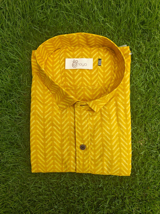 Printed Mustard Cotton Regular Fit Casual Shirt(Half Sleeves)