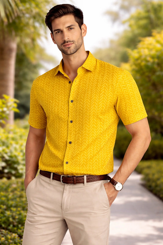 Men’s mustard printed cotton casual half sleeve shirt