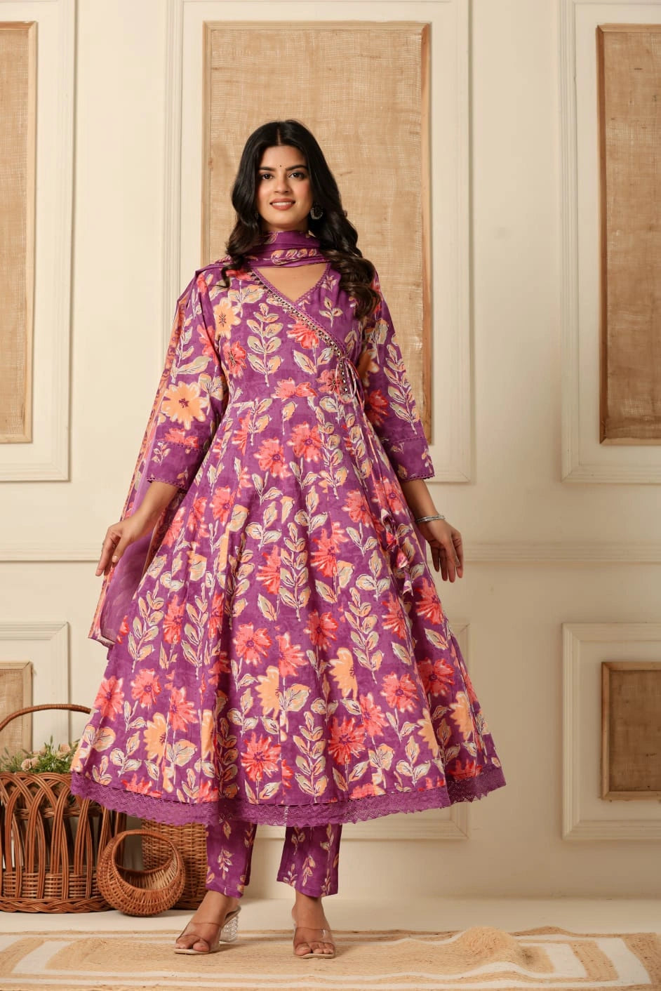 Purple Cotton Printed Anarkali Kurta Pant Dupatta Set for Women – Shreenaya