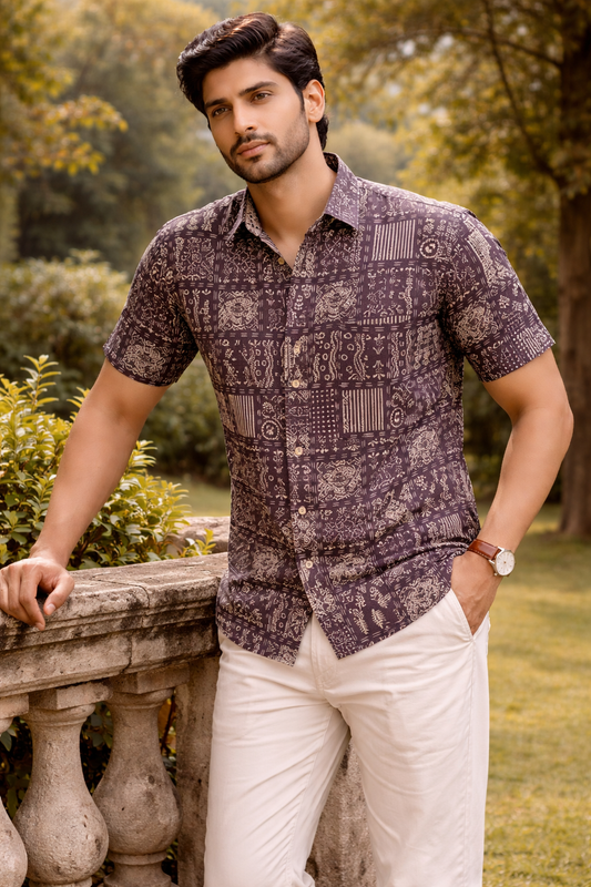 Purple Mystical Print Cotton Regular Fit Casual Shirt (Half Sleeves)