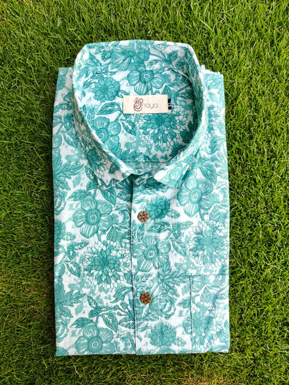 Rama Green Floral Print Cotton Regular Fit Casual Shirt (Half Sleeves)