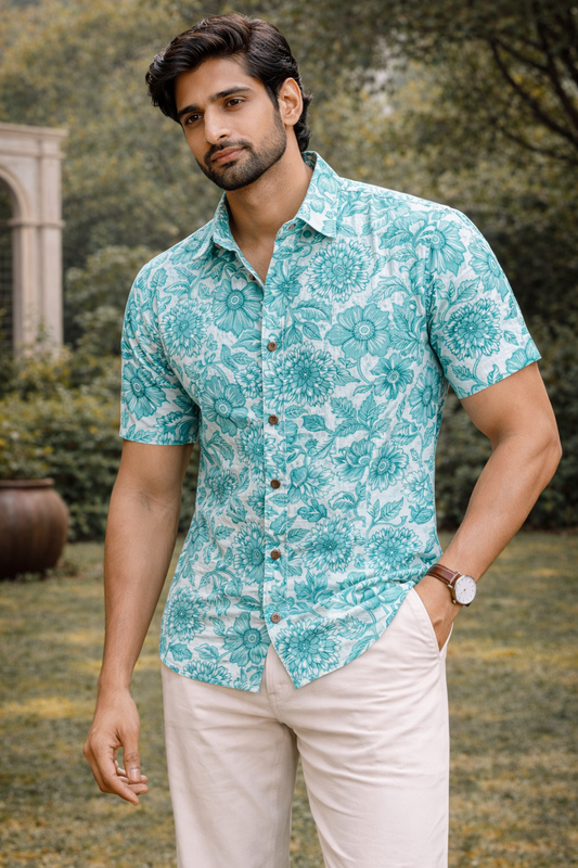Rama Green Floral Print Cotton Regular Fit Casual Shirt (Half Sleeves)