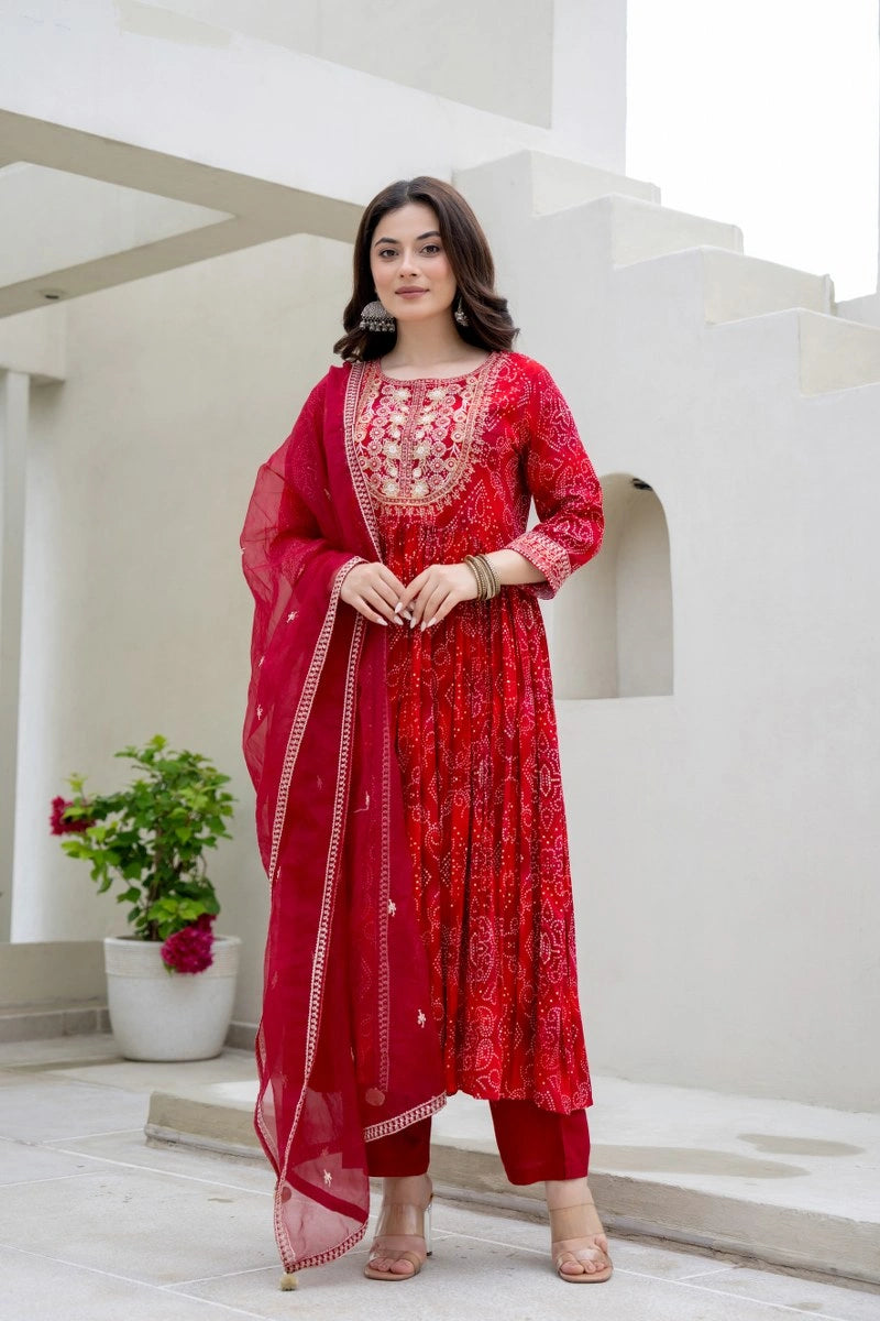 Red Bhandej Anarkali Kurta Pant Dupatta Set | Shreenaya