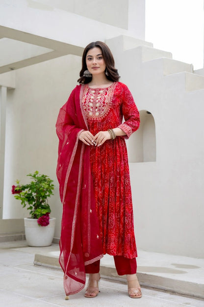 Red Bhandej Anarkali Kurta Pant Dupatta Set | Shreenaya