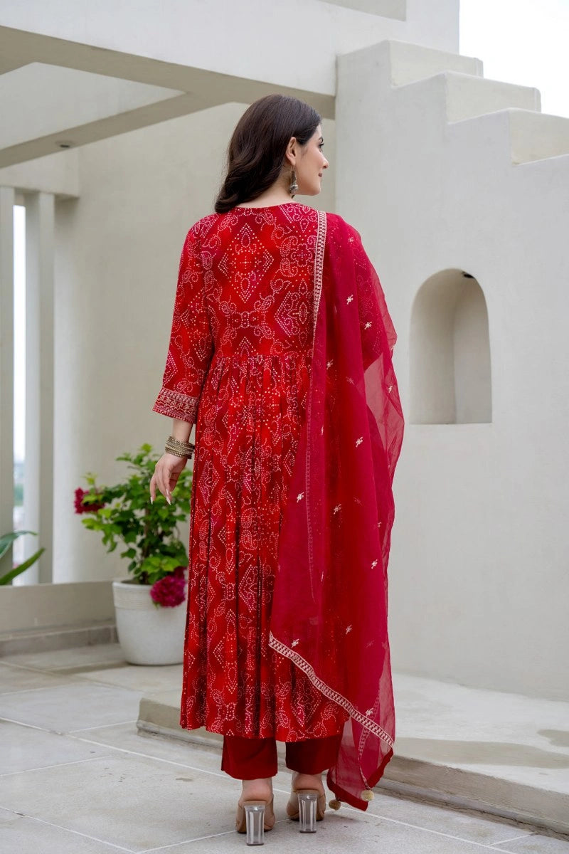 Buy Red Bhandej Anarkali Kurta Pant Dupatta Online