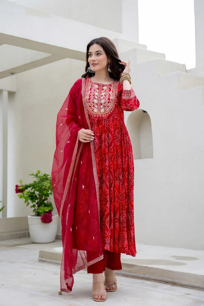 Buy Red Bhandej Anarkali Kurta Pant Dupatta Online