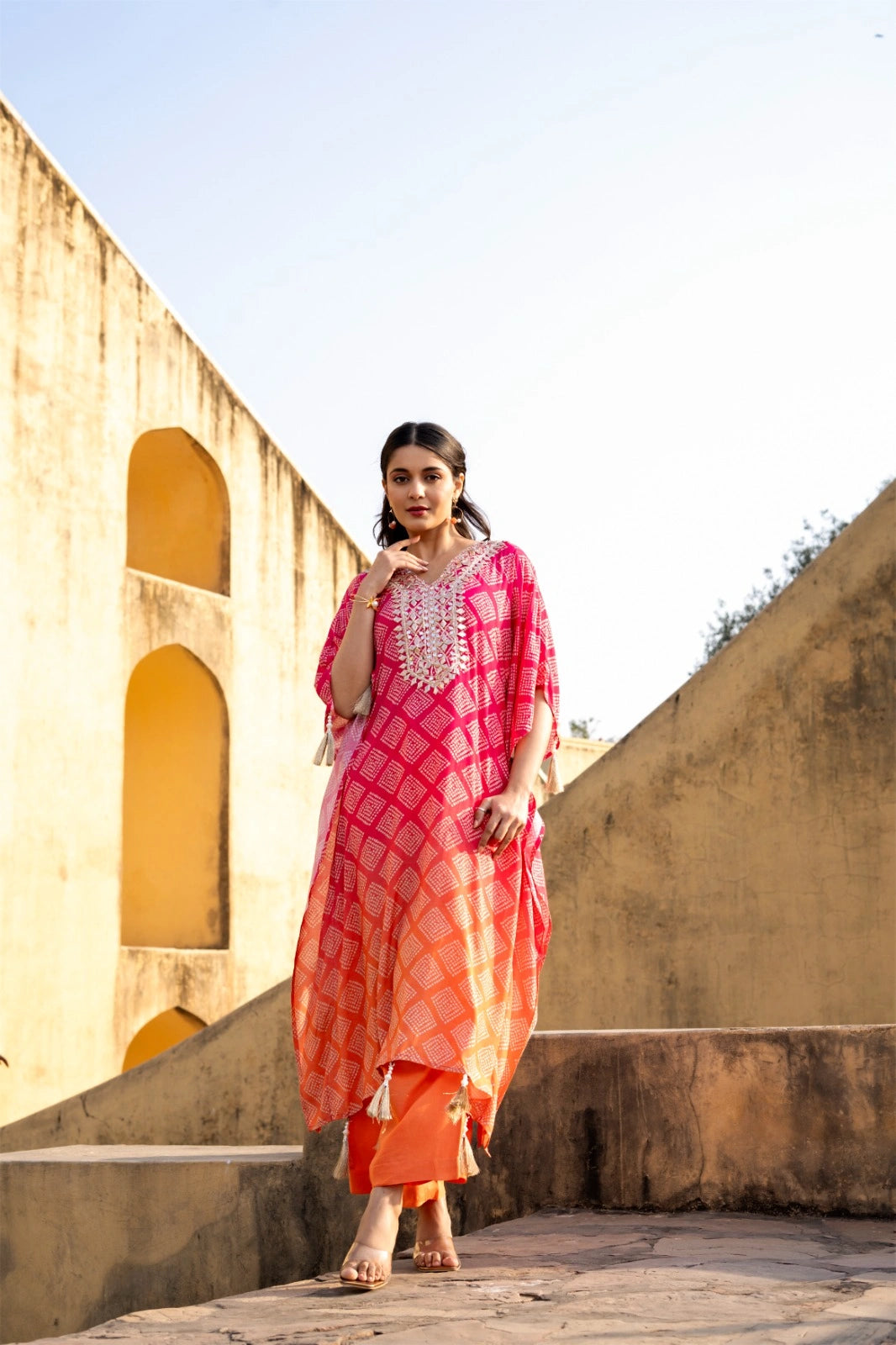 Red Bhandej Muslin Kaftan Co-ord Set 