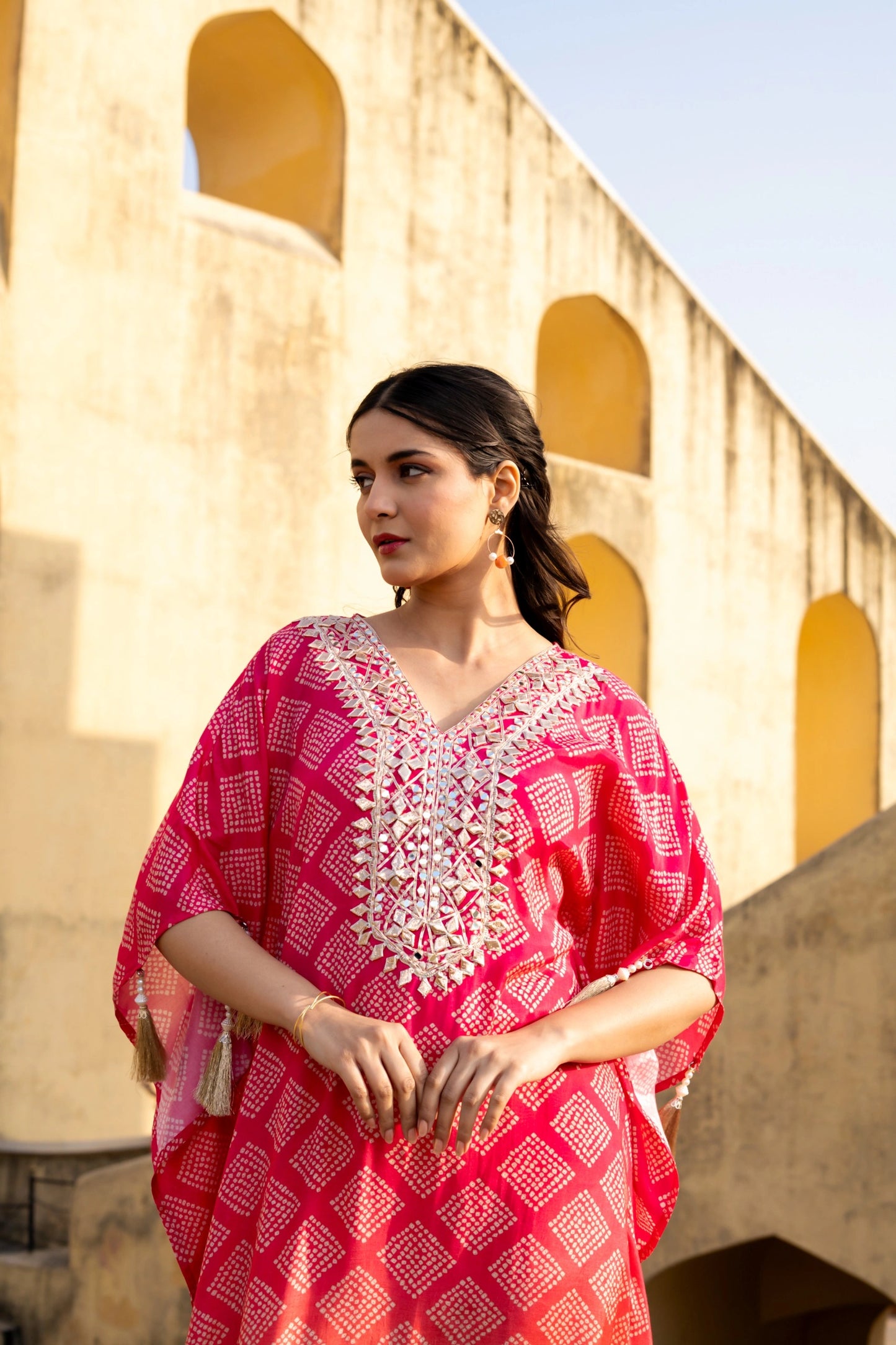 Woman wearing Red Bhandej Muslin Kaftan Co-ord Set outfit