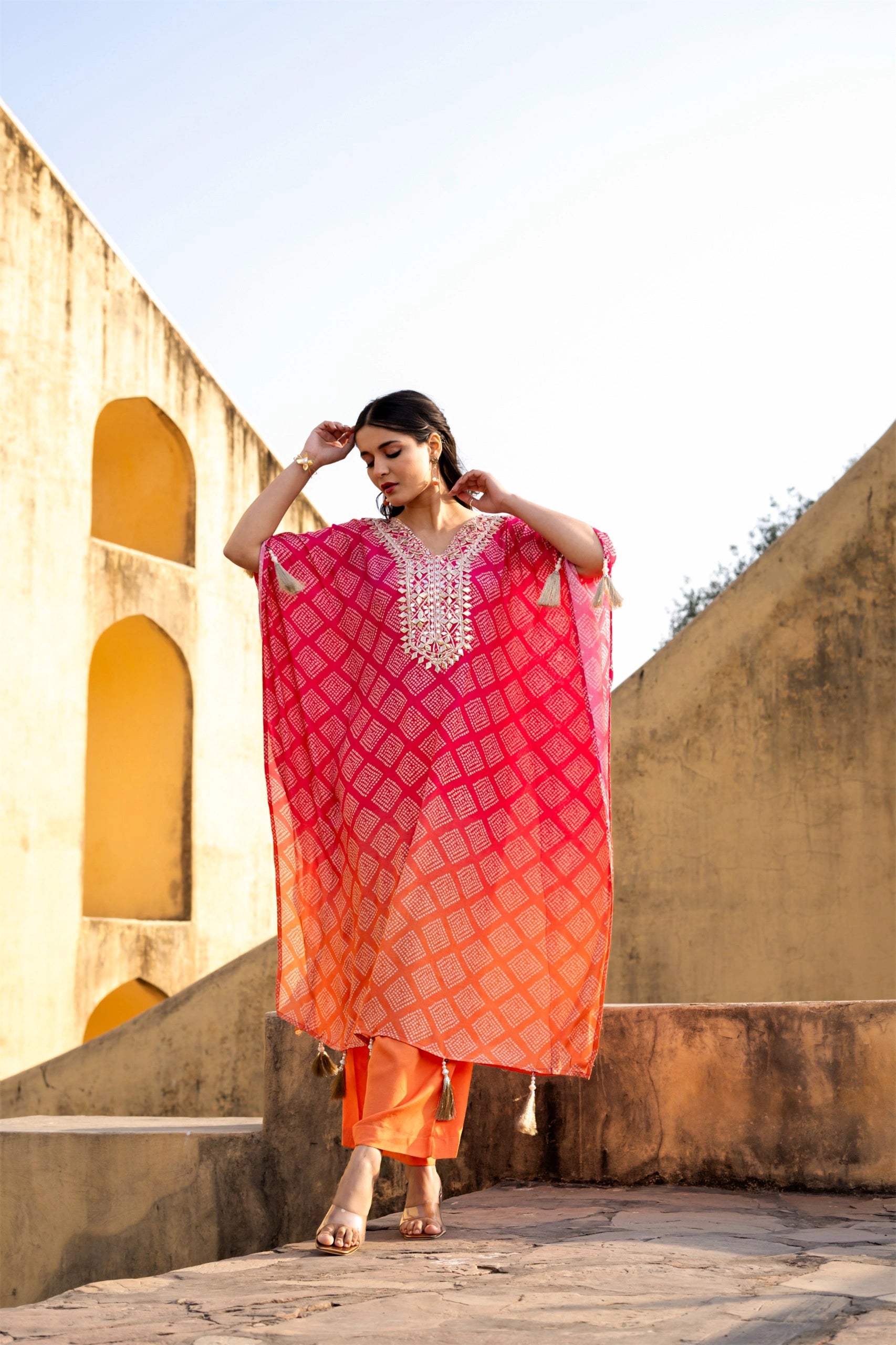 Red Bhandej Muslin Co-ord Set styled look