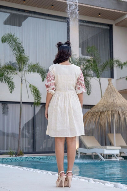 Shreenaya Red White Cotton Embroidery Dress