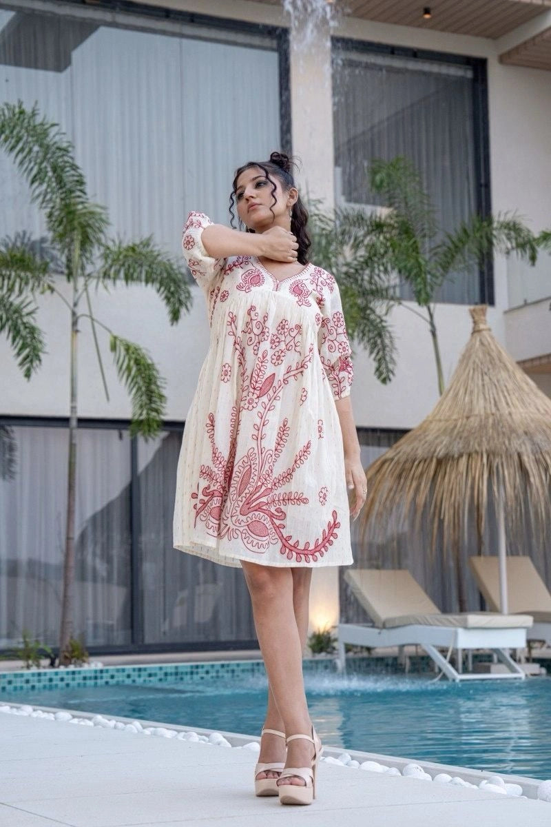 Elegant Red White Embroidered Casual Dress