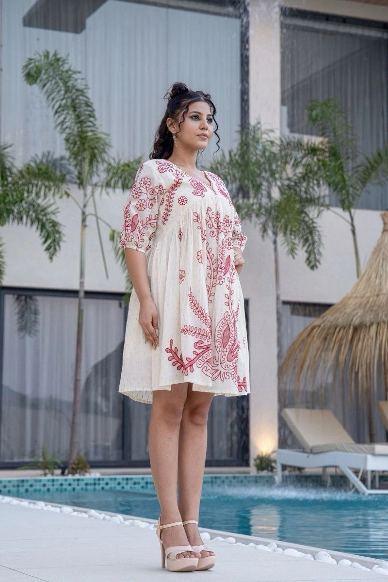  Red White Embroidered Detail