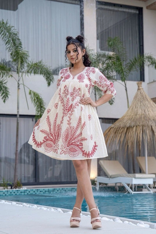 Red and White Cotton Embroidered Dress for Women