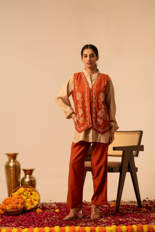 Rust and beige embroidered co-ord set with jacket