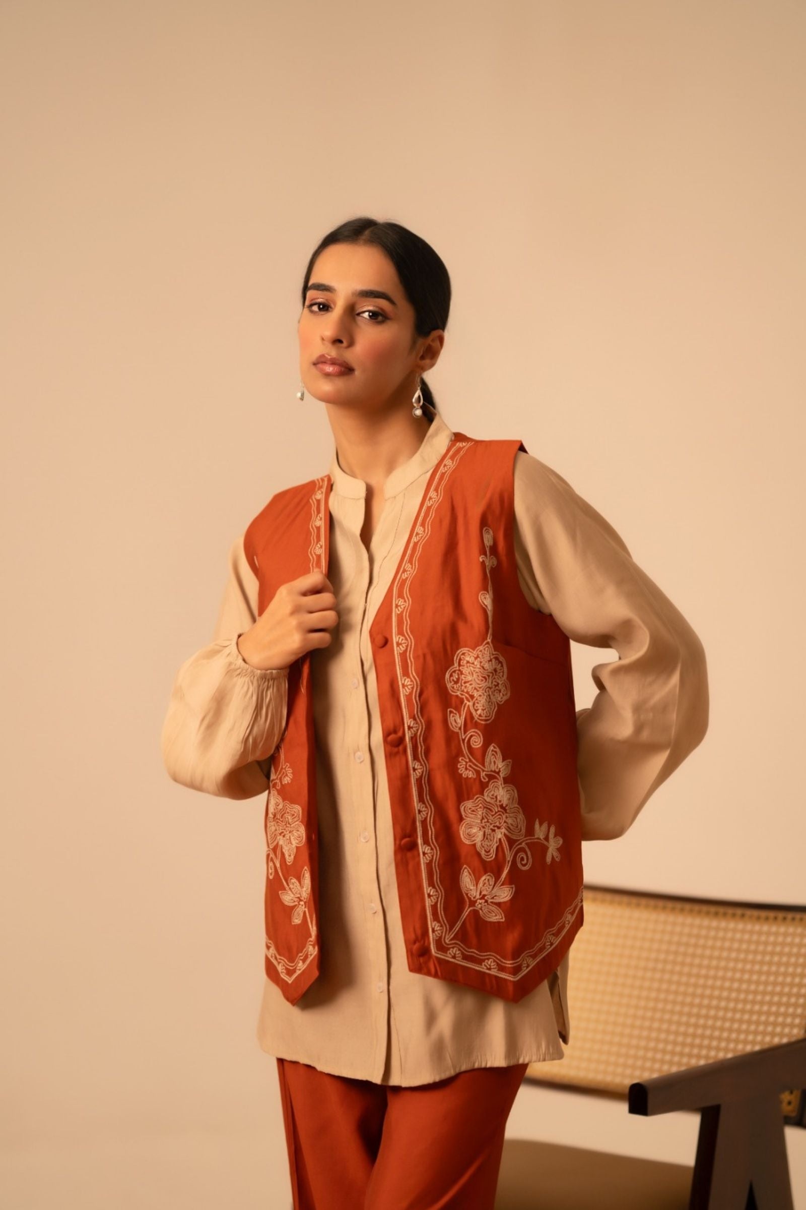 Shreenaya rust beige co-ord set stylish party wear look