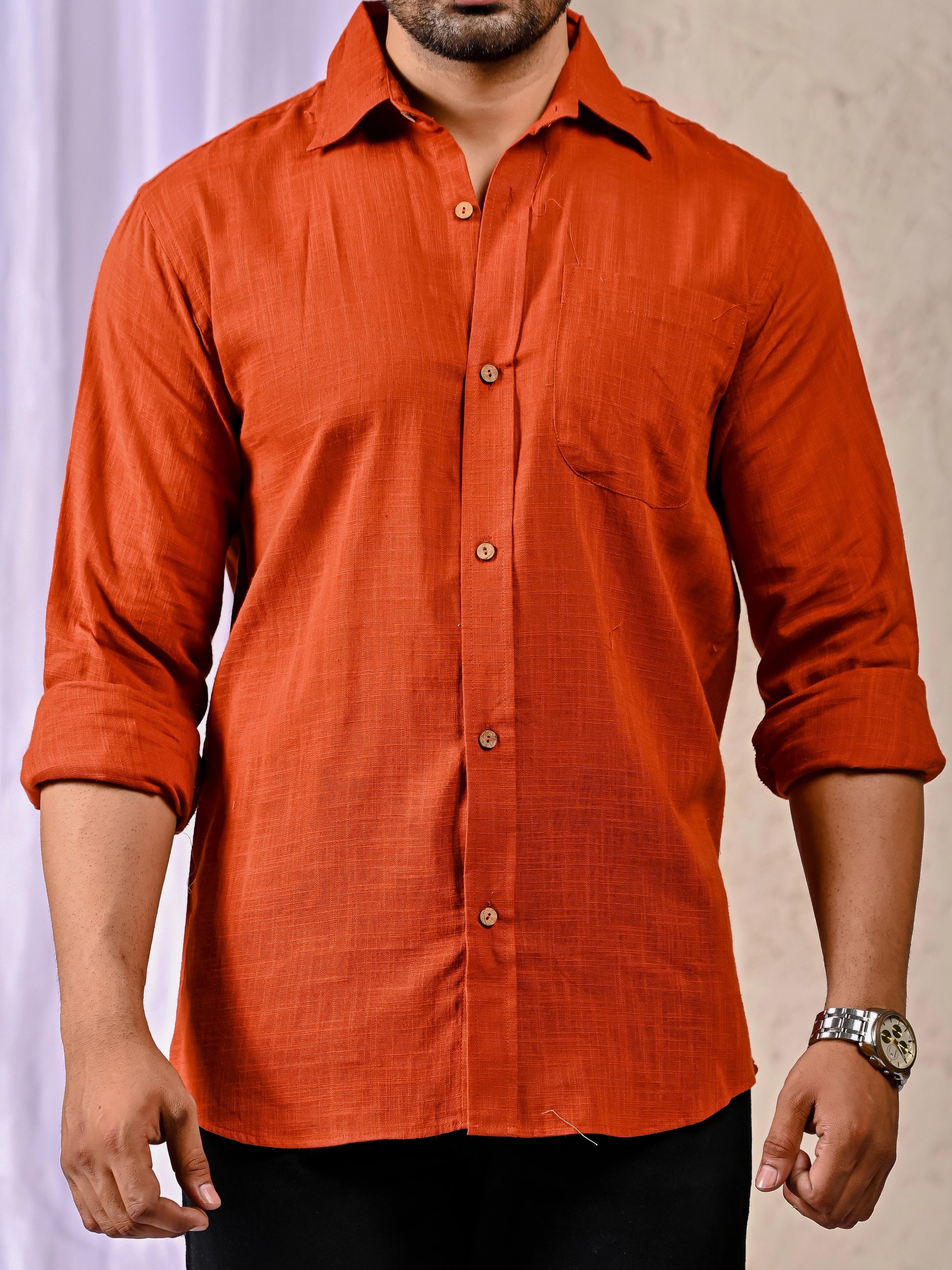 Premium men rust casual cotton linen shirt