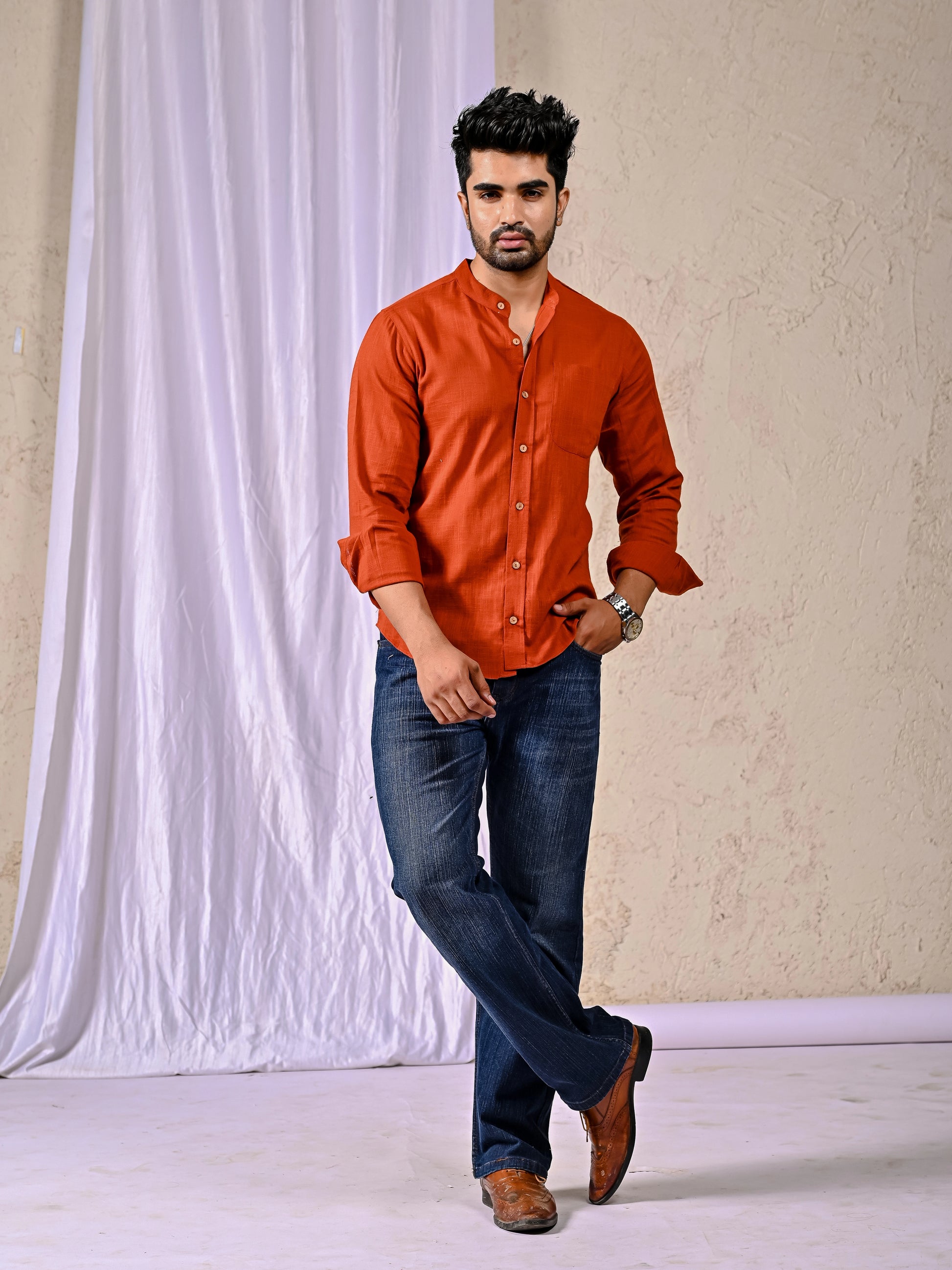 Men’s rust cotton linen regular fit casual shirt